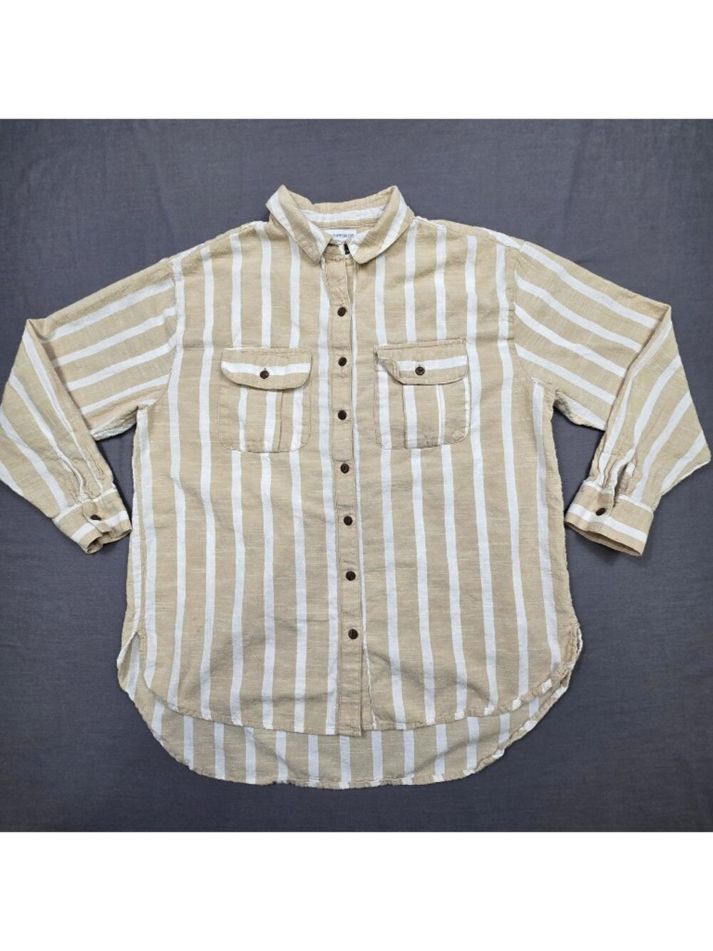 Urban Outfitters S Women’s Striped Button-Up Long Sleeve Shirt Beige 100% Cotton